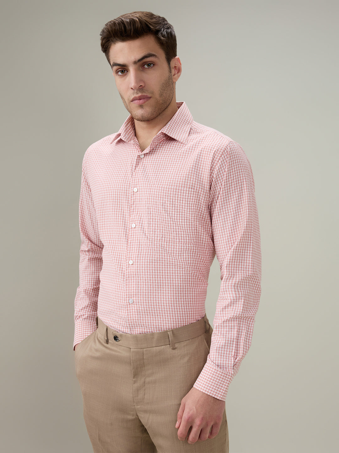 Raymond Men Orange Checks Slim Fit Bamboo Blend Full Sleeve Formal Shirt