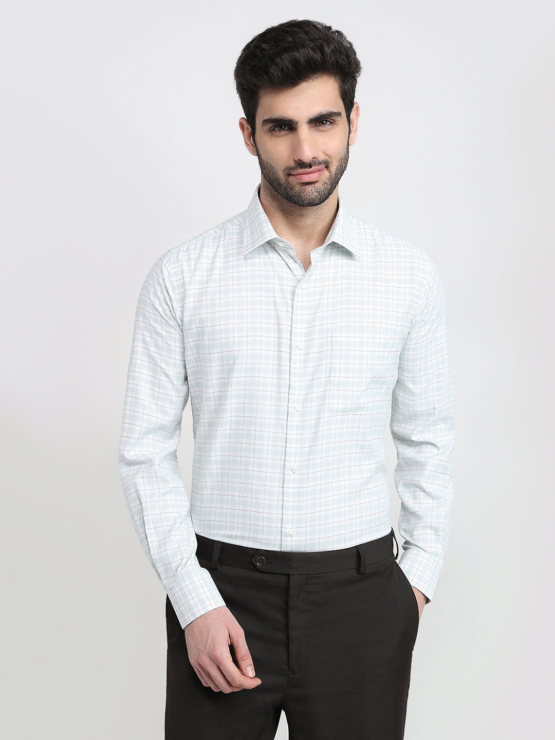 Raymond Men Green Checks Slim Fit Bamboo Blend Full Sleeve Formal Shirt