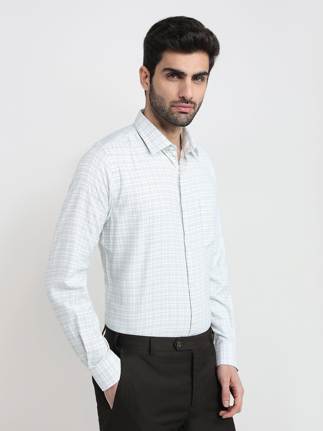 Raymond Men Green Checks Slim Fit Bamboo Blend Full Sleeve Formal Shirt