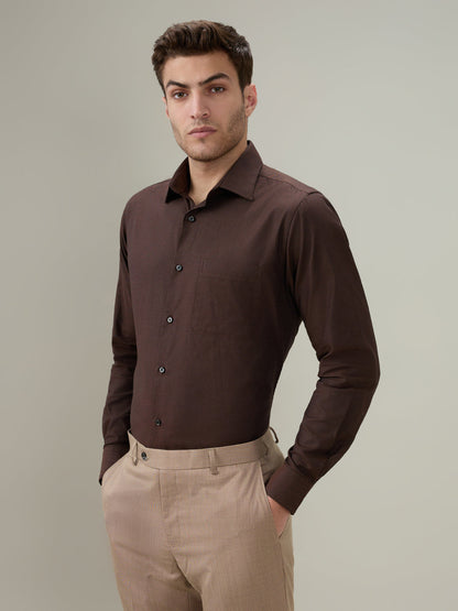 Raymond Men Brown Solid Chambray Slim Fit Cotton Full Sleeve Formal Shirt