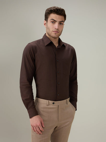 Raymond Men Brown Solid Chambray Slim Fit Cotton Full Sleeve Formal Shirt