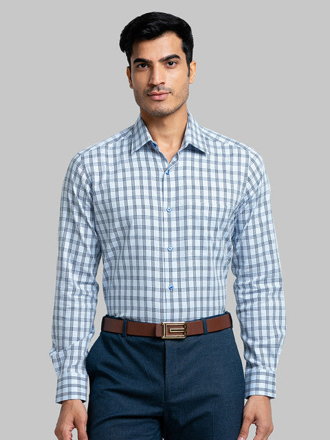 Raymond Men Blue Contemporary Fit Checks Cutaway Collar Shirt