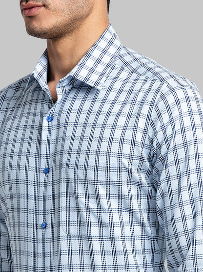 Raymond Men Blue Contemporary Fit Checks Cutaway Collar Shirt