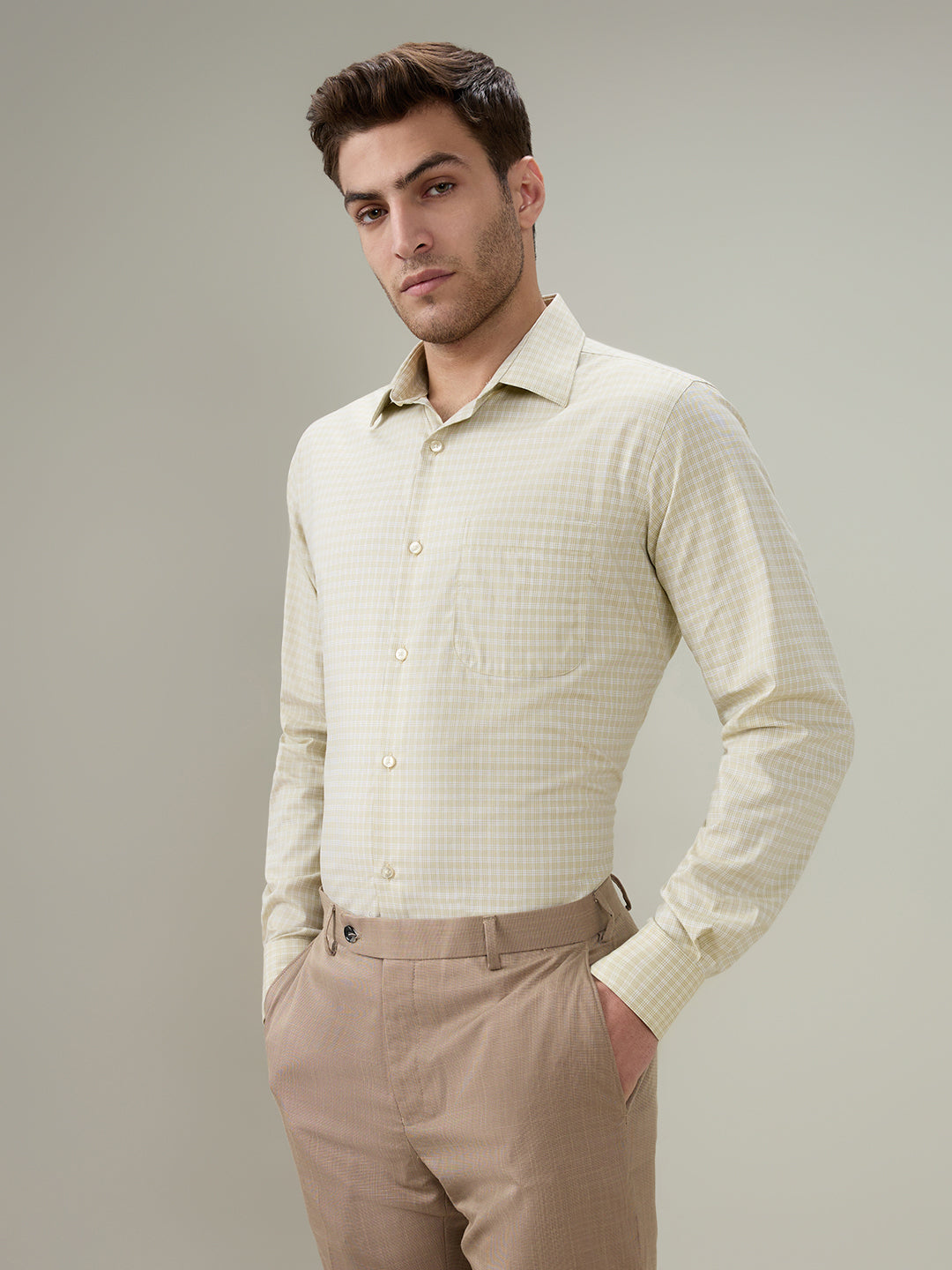 Raymond Men Brown Checks Contemporary Fit Cotton Full Sleeve Formal Shirt