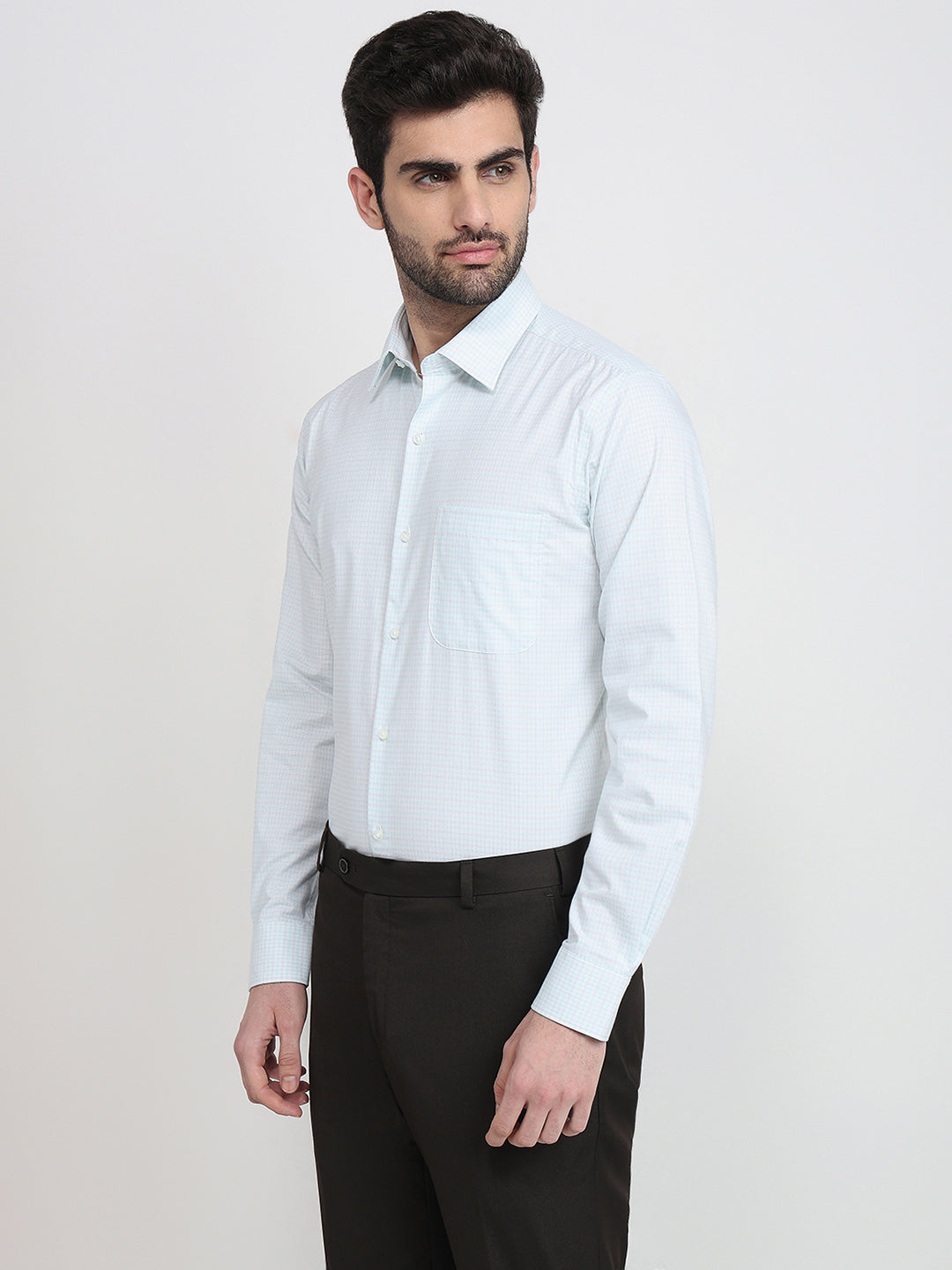 Raymond Men Blue Checks Contemporary Fit Cotton Full Sleeve Formal Shirt