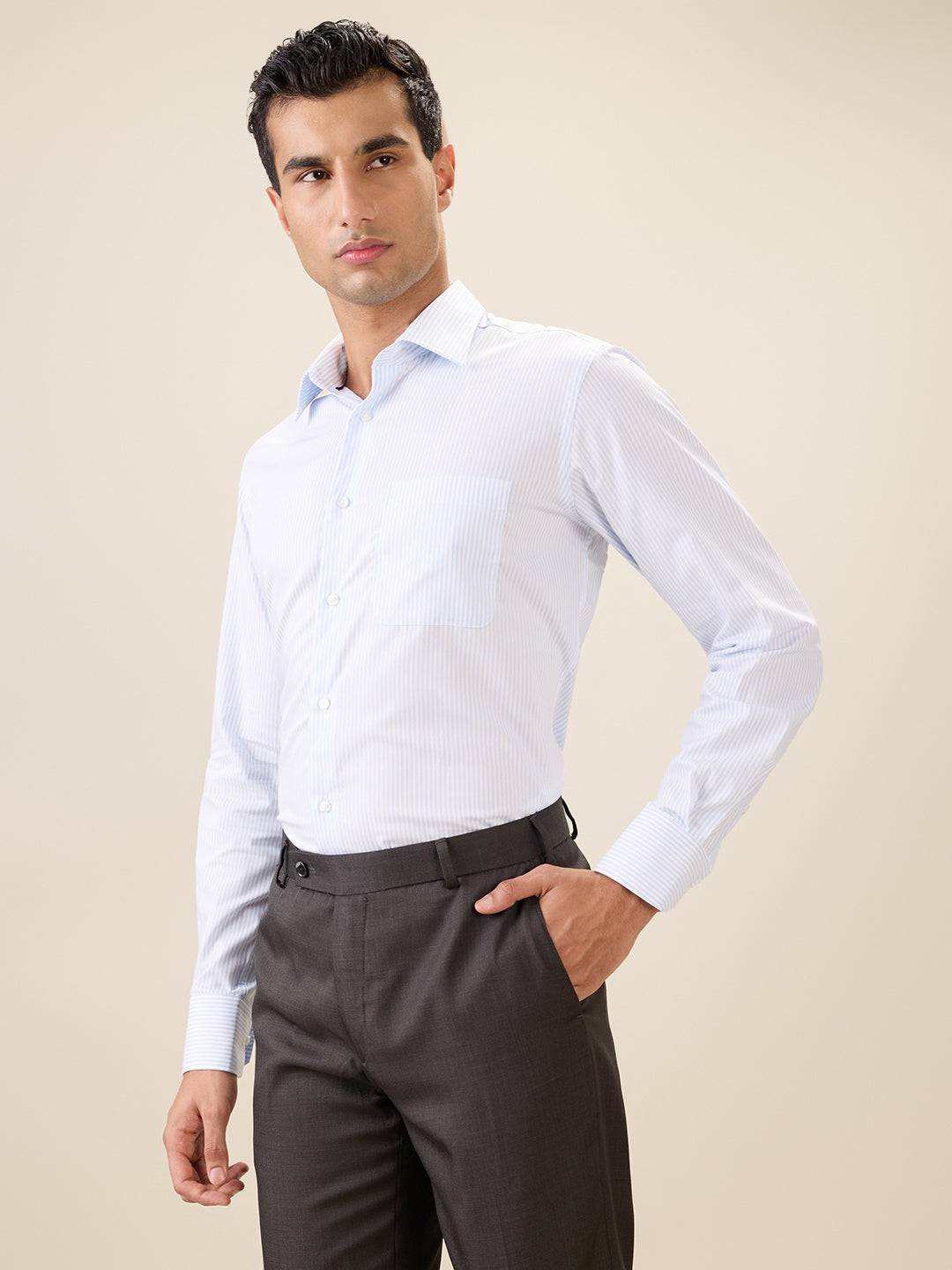 Raymond Men Blue Stripe Regular Fit Cotton Full Sleeve Formal Shirt