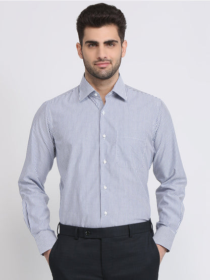 Raymond Men Blue Stripe Regular Fit Cotton Full Sleeve Formal Shirt