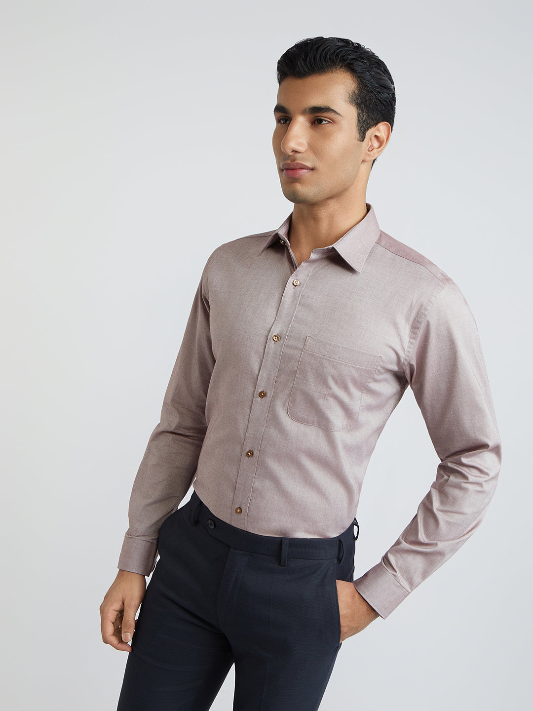 Raymond Brown Solid Slim Fit Full Sleeve Cotton Shirt