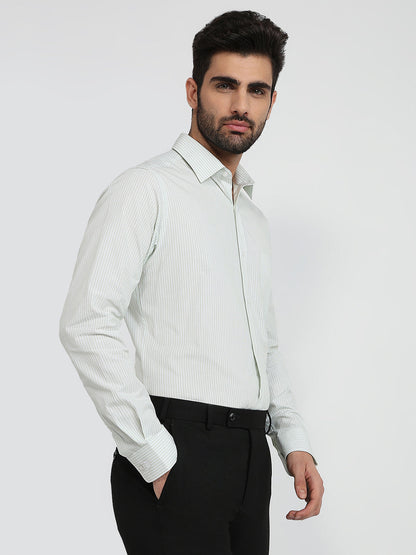 Raymond Men Green Stripe Slim Fit Cotton Formal Shirt