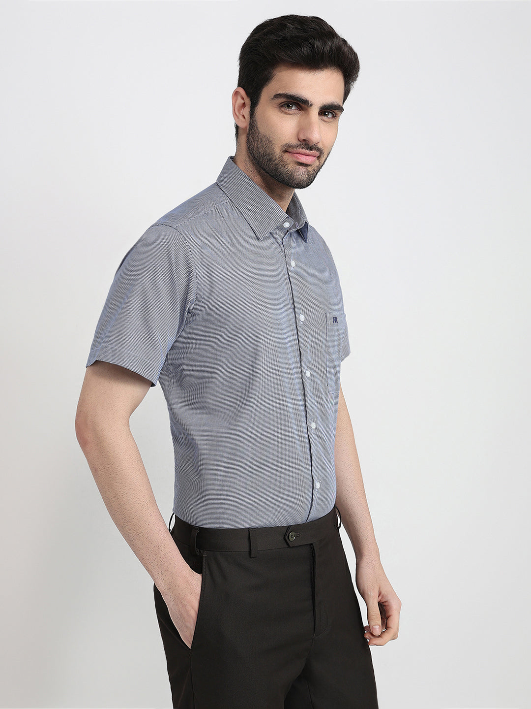 Raymond Men Blue Structure Regular Fit Cotton Half Sleeve Formal Shirt