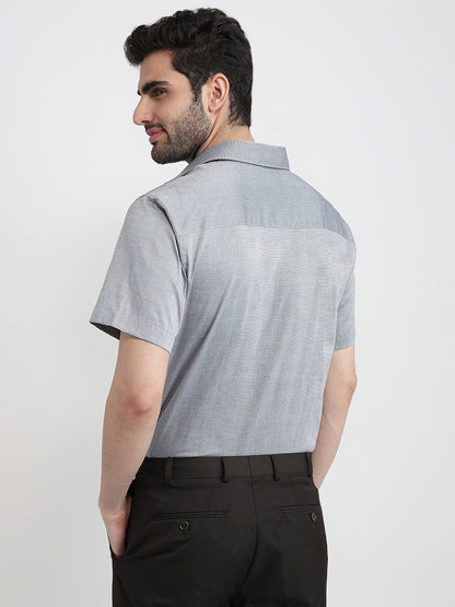 Raymond Men Grey Solid Chambray Regular Fit Cotton Half Sleeve Formal Shirt