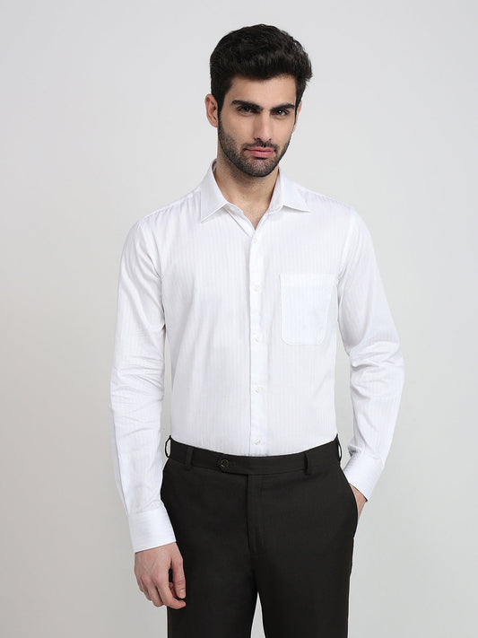 Raymond Men White Stripe Regular Fit Cotton Full Sleeve Formal Shirt