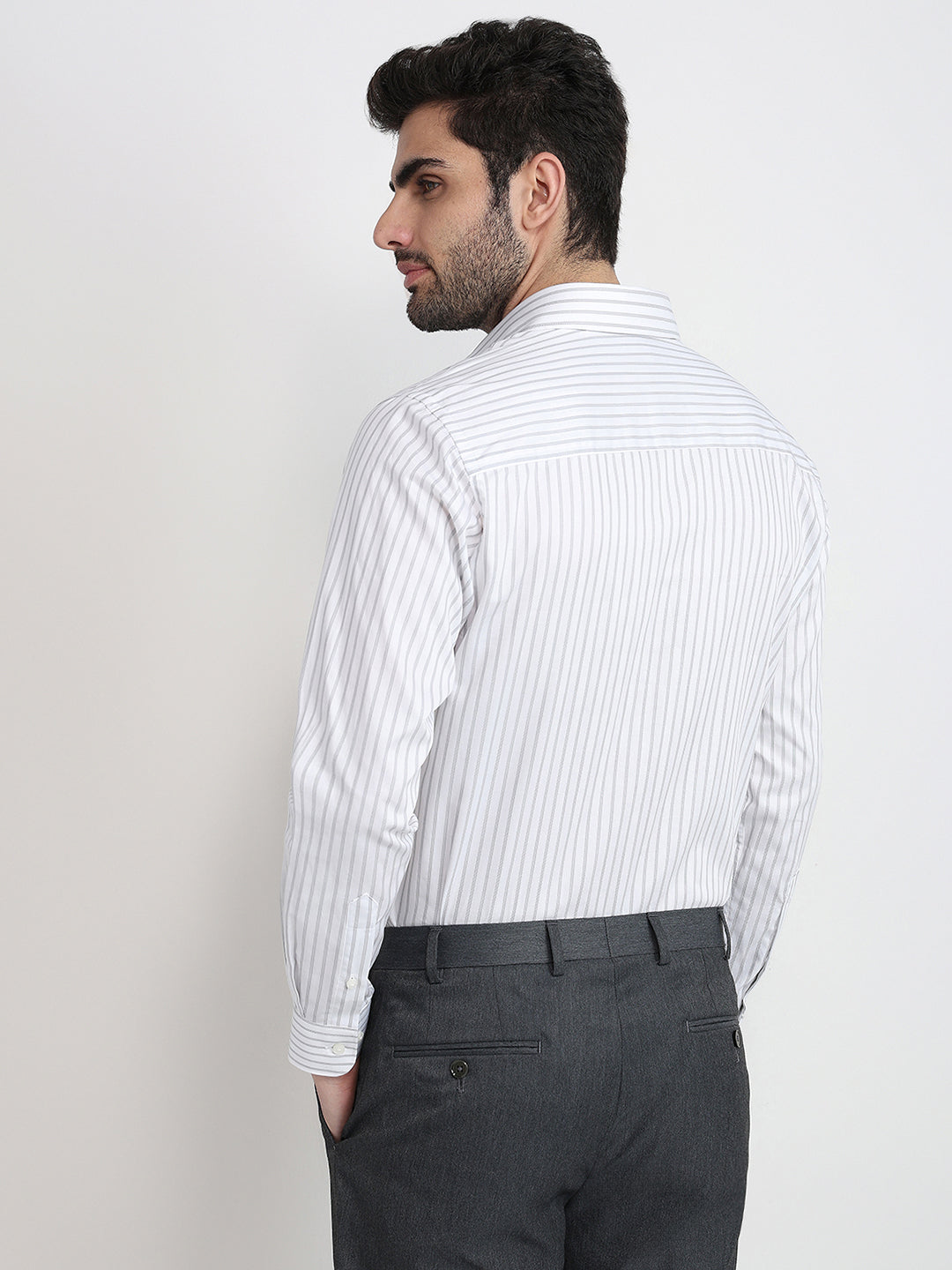 Raymond Men Grey Stripe Regular Fit Cotton Full Sleeve Formal Shirt