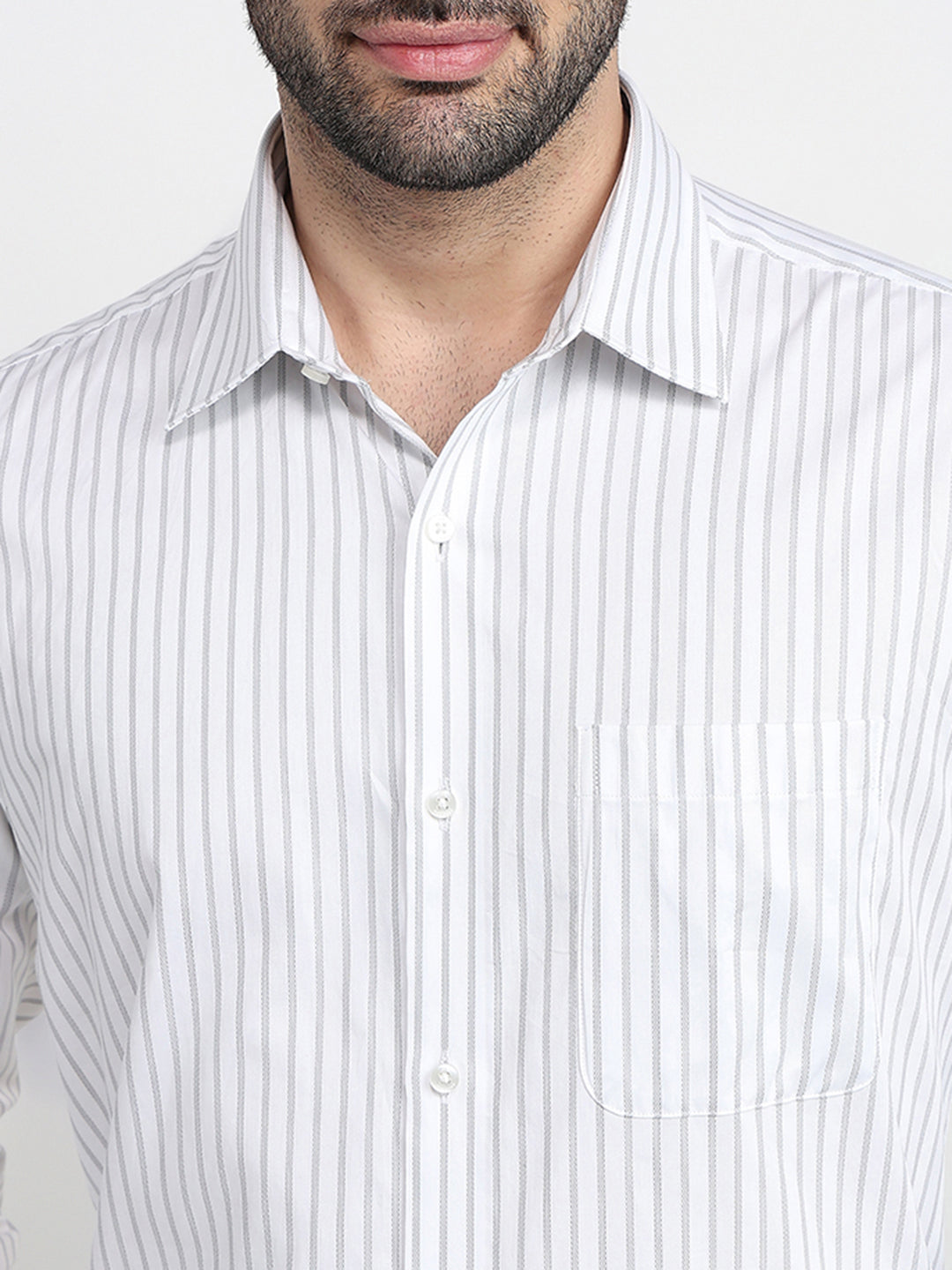 Raymond Men Grey Stripe Regular Fit Cotton Full Sleeve Formal Shirt