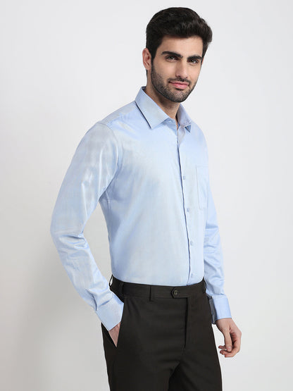 Raymond Men Blue Solid Chambray Regular Fit Cotton Full Sleeve Formal Shirt