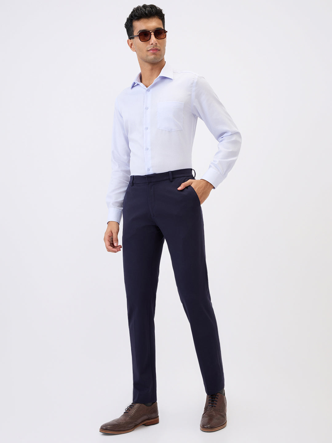 Raymond Men Blue Solid Slim Fit Terry Blend Trouser
