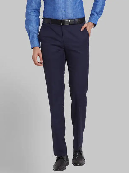 Men Blue Contemporary Fit Solid Polyester Blend Trouser