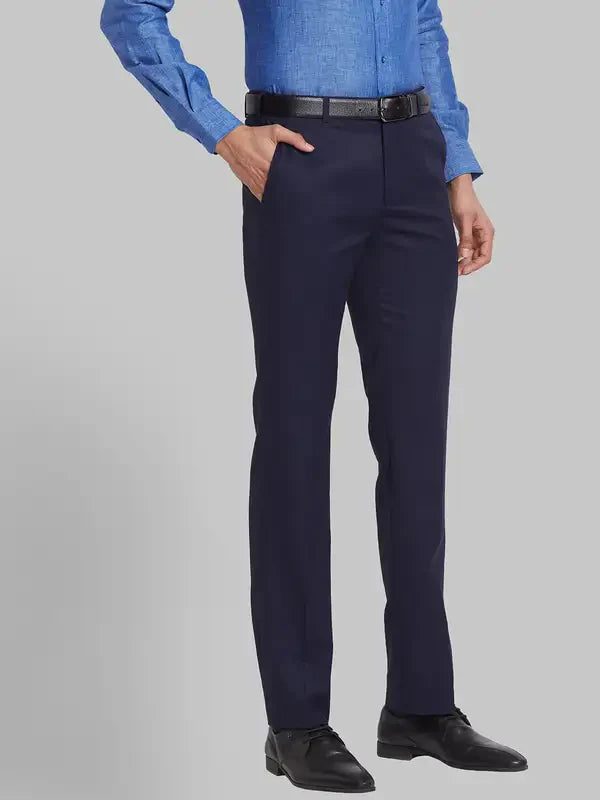 Men Blue Contemporary Fit Solid Polyester Blend Trouser