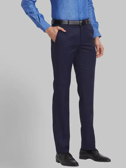 Men Blue Contemporary Fit Solid Polyester Blend Trouser