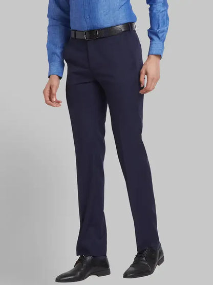 Men Blue Contemporary Fit Solid Polyester Blend Trouser