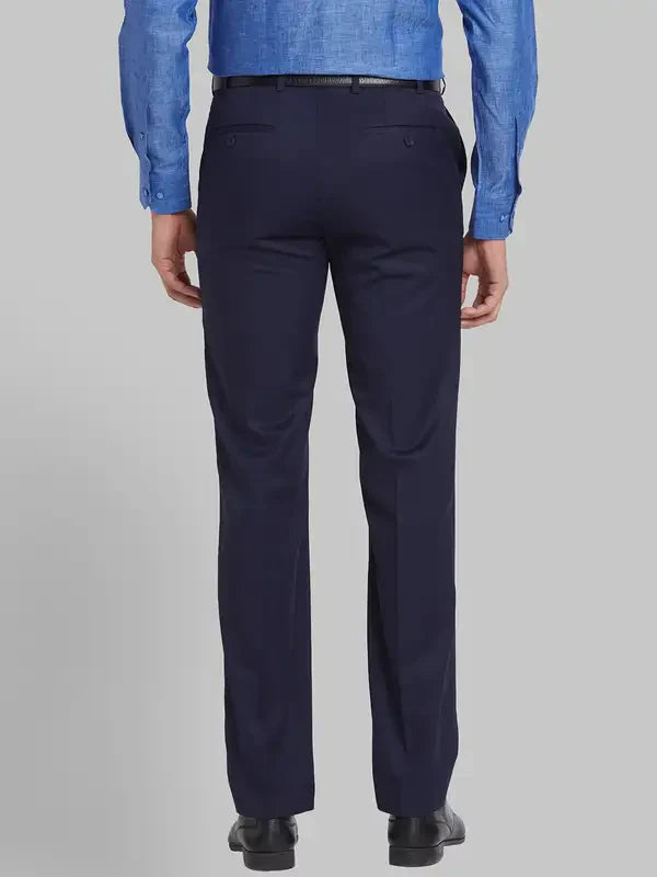 Men Blue Contemporary Fit Solid Polyester Blend Trouser