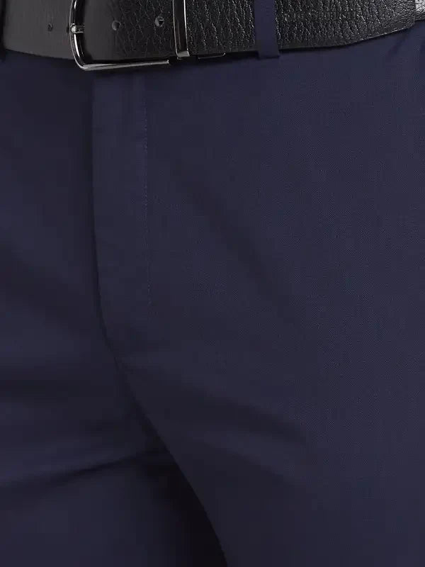 Men Blue Contemporary Fit Solid Polyester Blend Trouser