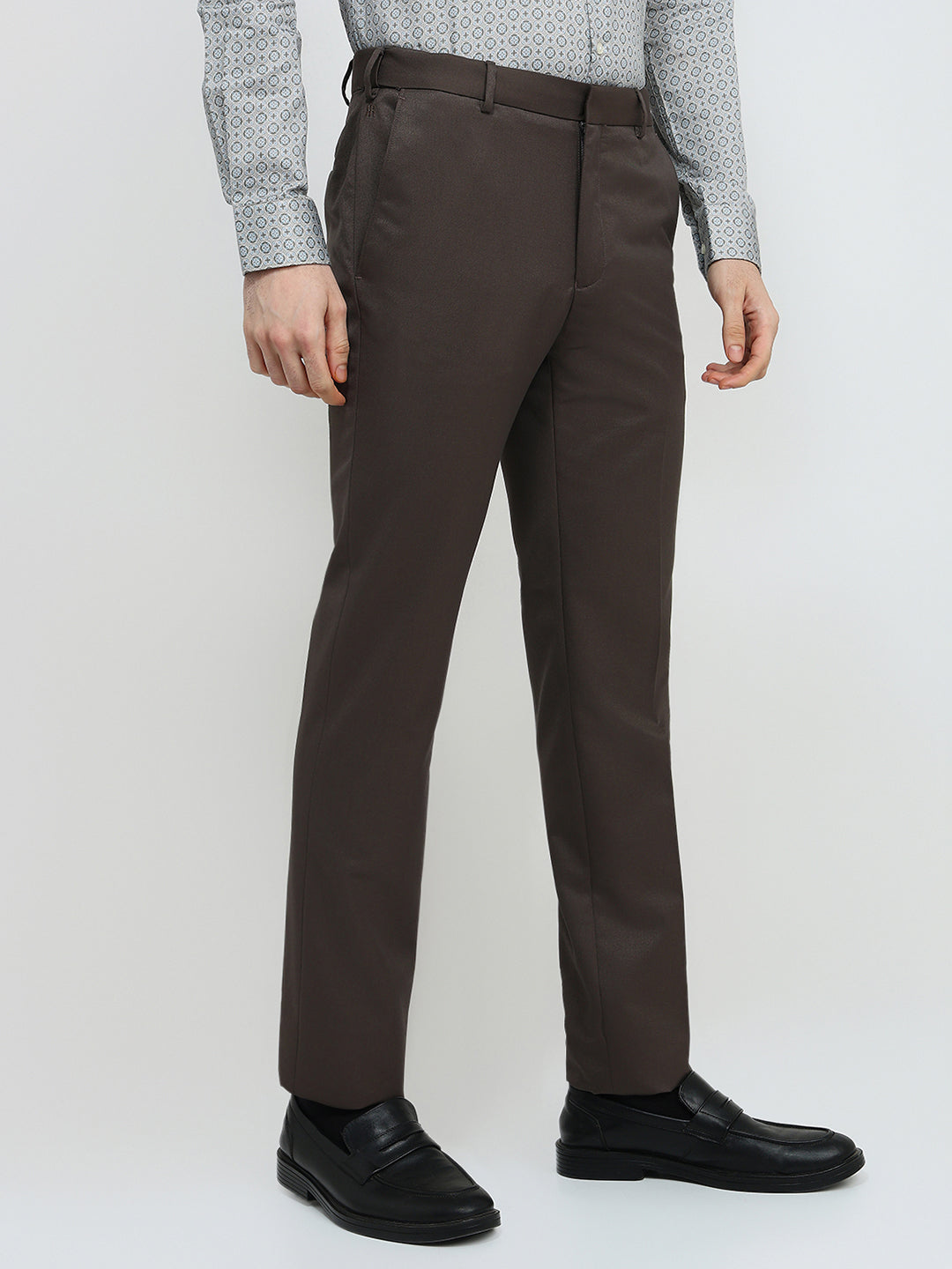 Raymond Men Brown Solid Contemporary Fit Polyester Blend Trouser