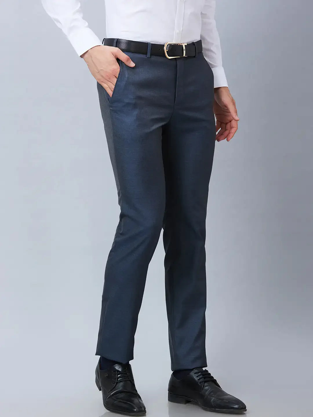 Raymond Men Blue Solid Slim Fit Polyester Blend Trousers