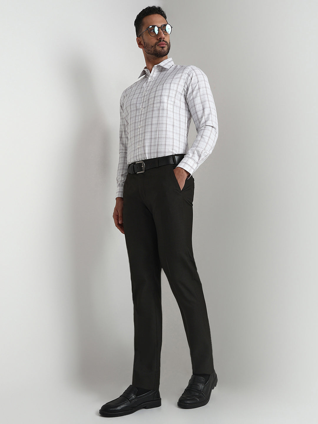 Raymond Men Brown Checks Slim Fit Polyester Blend Trouser