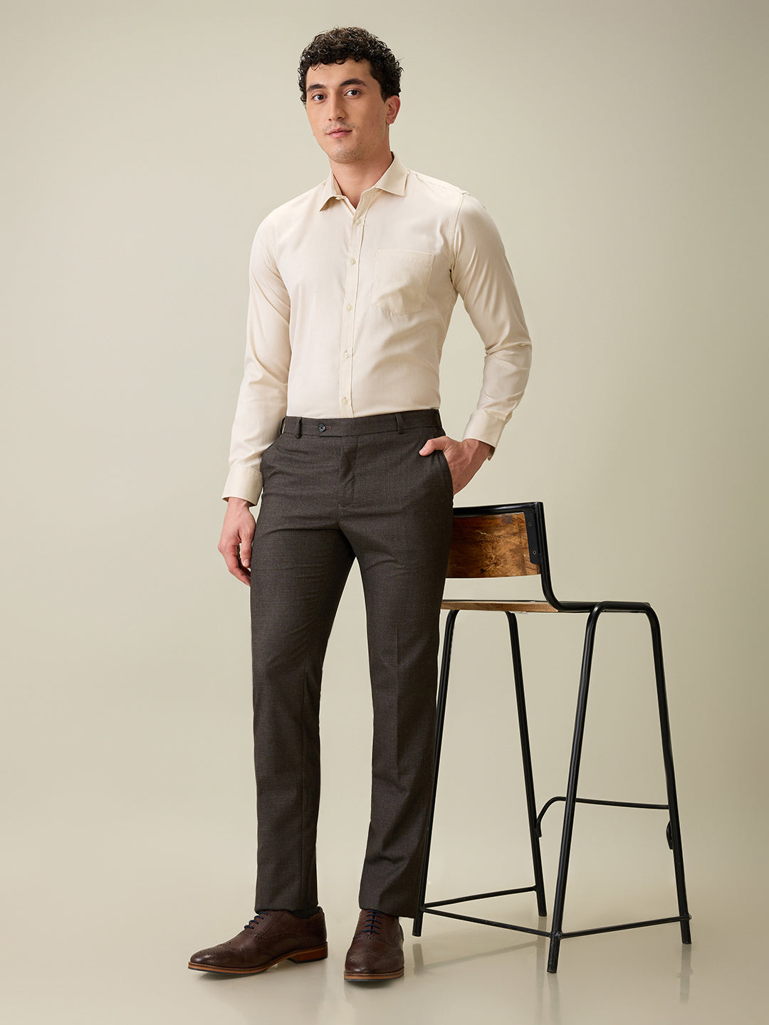 Raymond Men Brown Checks Slim Fit Polyester Blend Trouser
