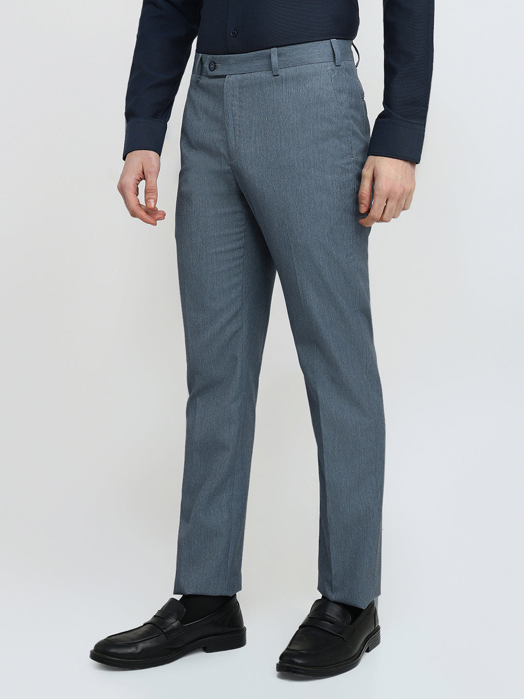 Raymond Men Blue Solid Contemporary Fit Polyester Blend Trouser