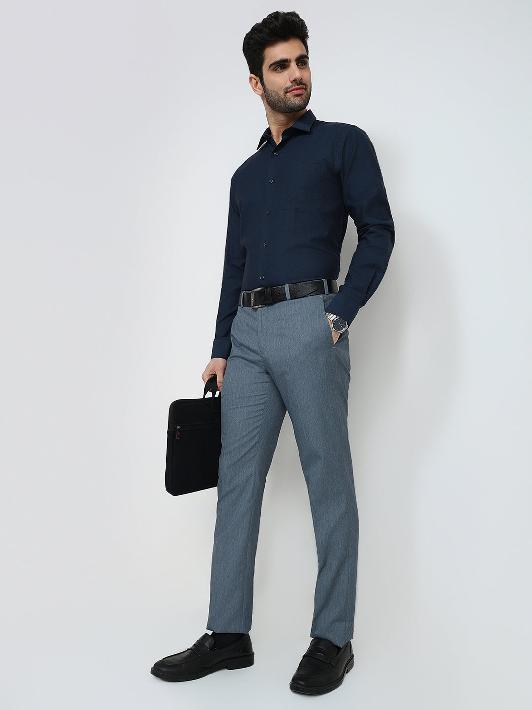 Raymond Men Blue Solid Contemporary Fit Polyester Blend Trouser