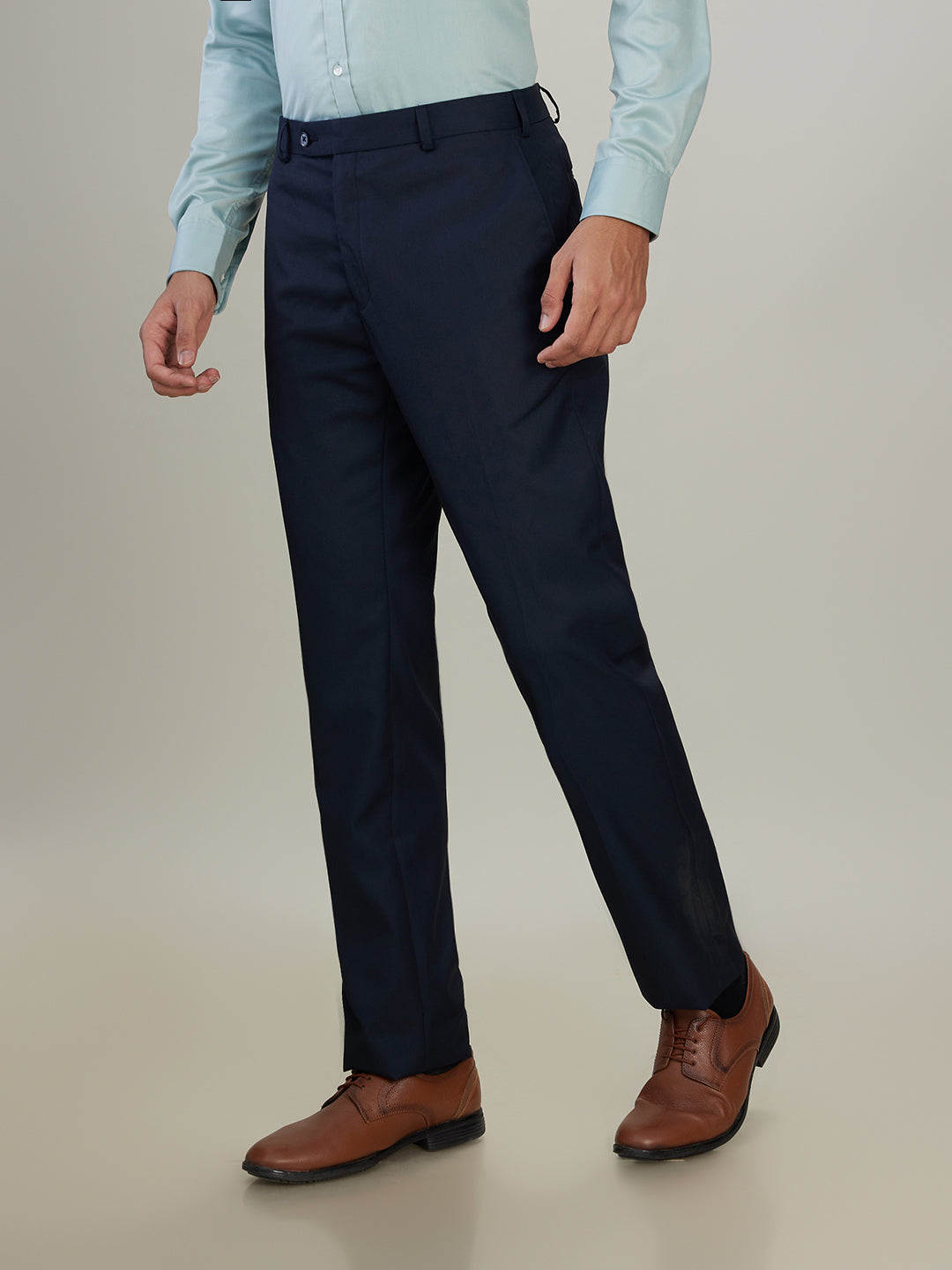 Raymond Men Blue Solid Contemporary Fit Polyester Blend Trouser