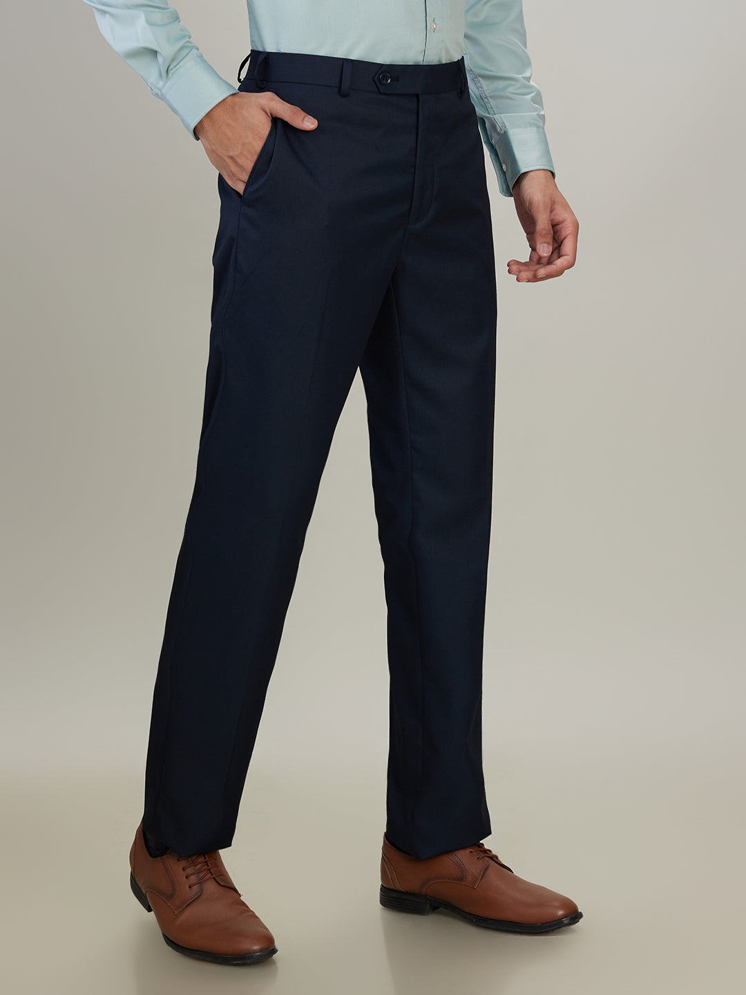 Raymond Men Blue Solid Contemporary Fit Polyester Blend Trouser