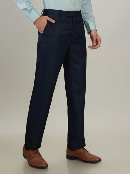Raymond Men Blue Solid Contemporary Fit Polyester Blend Trouser