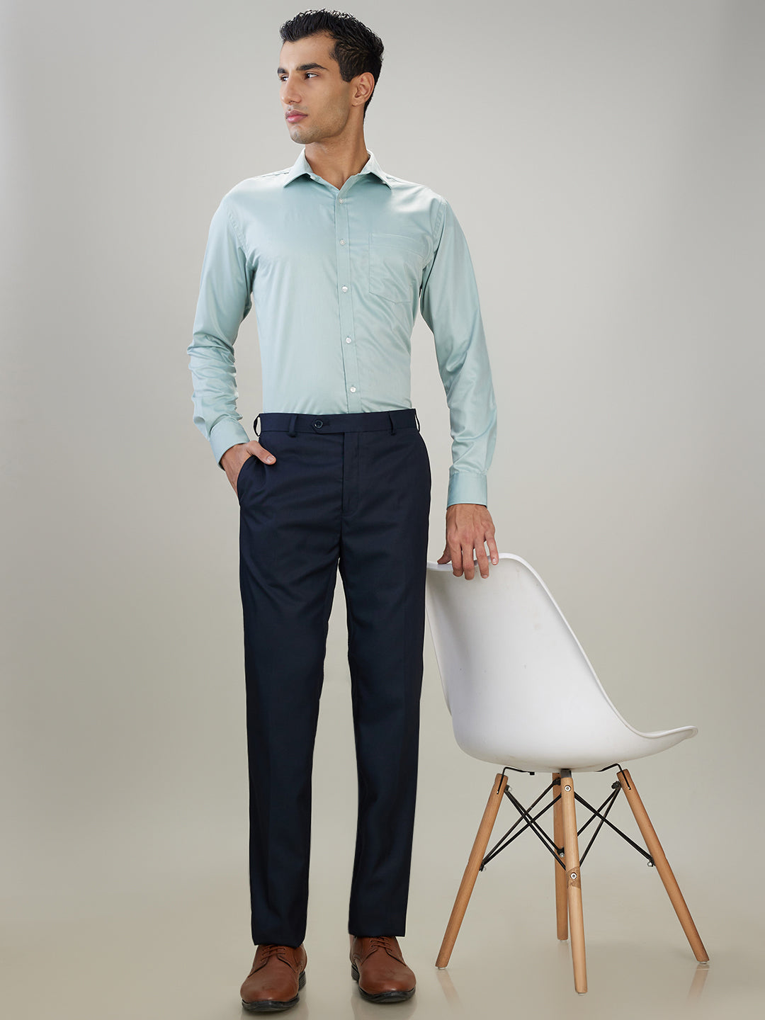 Raymond Men Blue Solid Contemporary Fit Polyester Blend Trouser