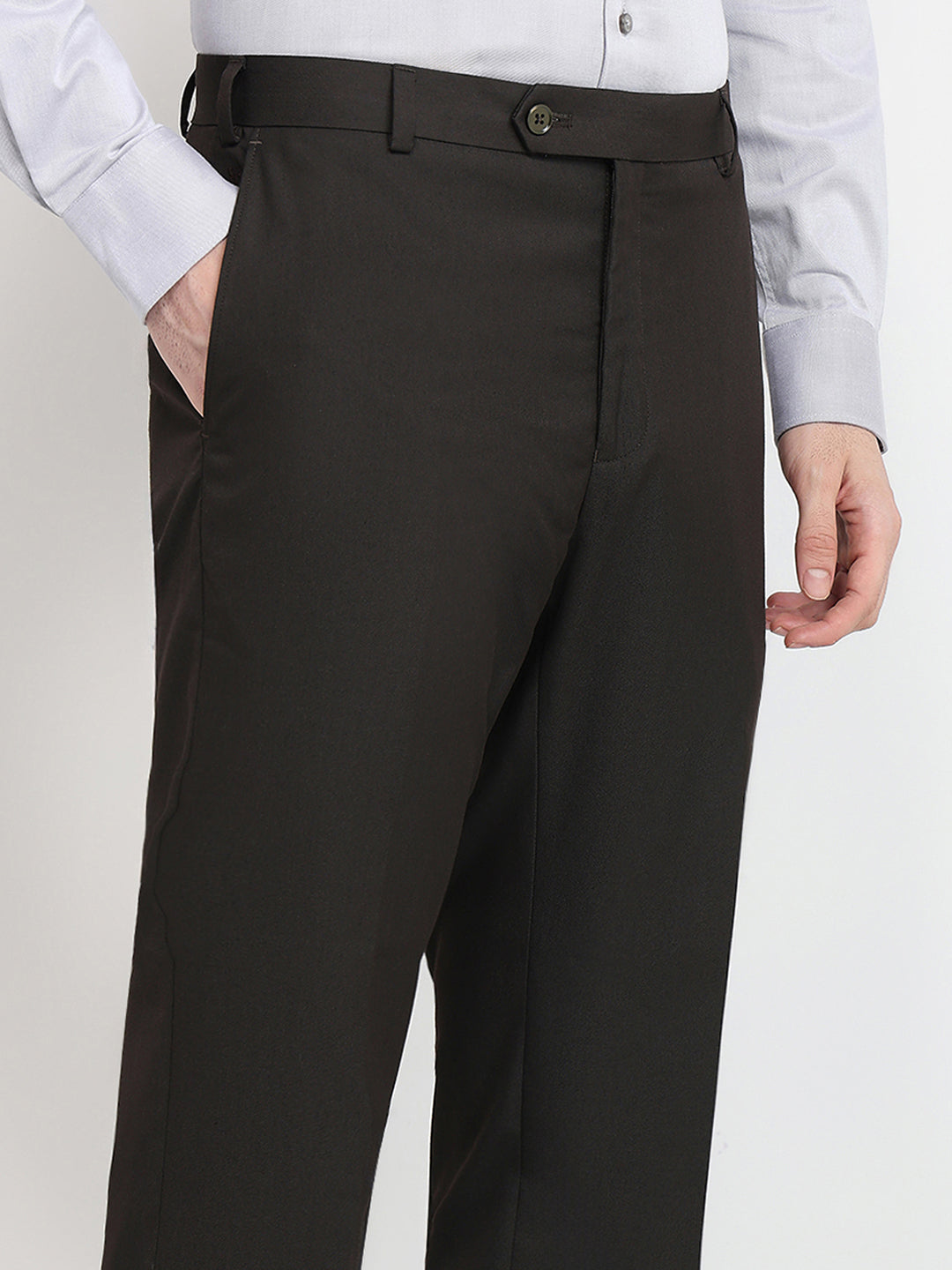 Raymond Men Brown Solid Contemporary Fit Polyester Blend Trouser