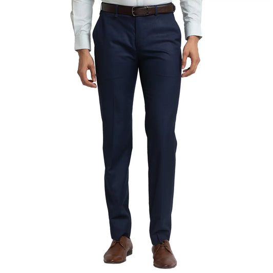 Men Blue Contemporary Fit Solid Polyester Blend Trouser