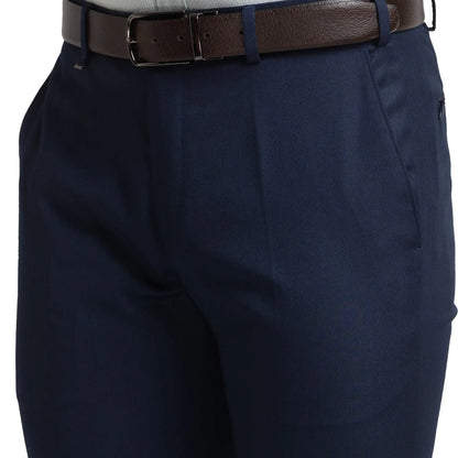 Men Blue Contemporary Fit Solid Polyester Blend Trouser