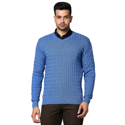 Men Blue Wrapper Wool Blend Full Sleeve V Neck Collar Sweaters