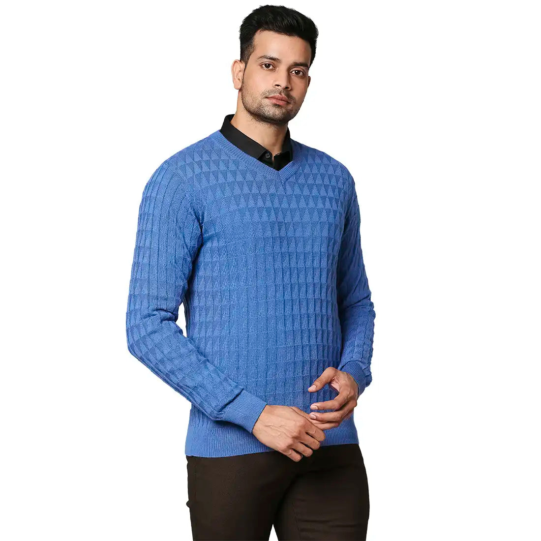 Men Blue Wrapper Wool Blend Full Sleeve V Neck Collar Sweaters