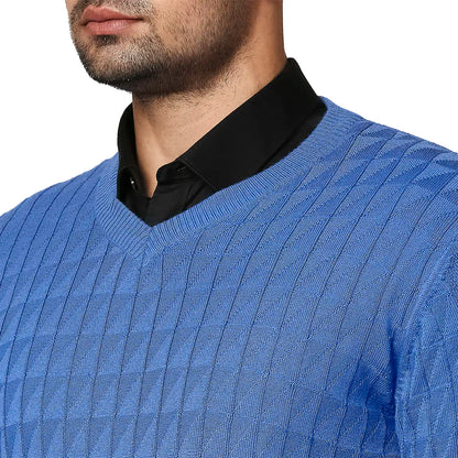 Men Blue Wrapper Wool Blend Full Sleeve V Neck Collar Sweaters