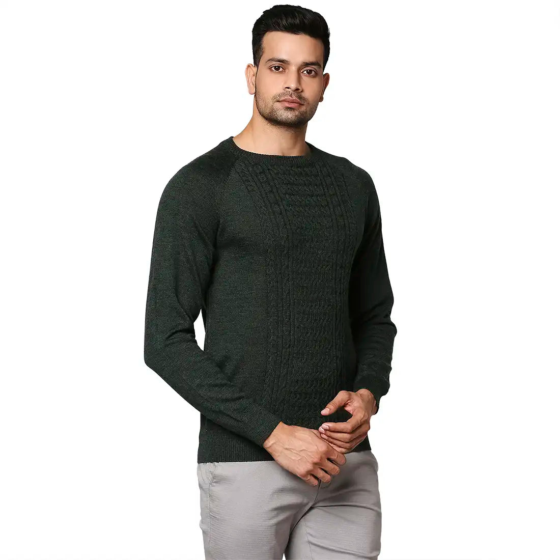 Men Green Structure Cable Wool Blend Round Collar Sweaters