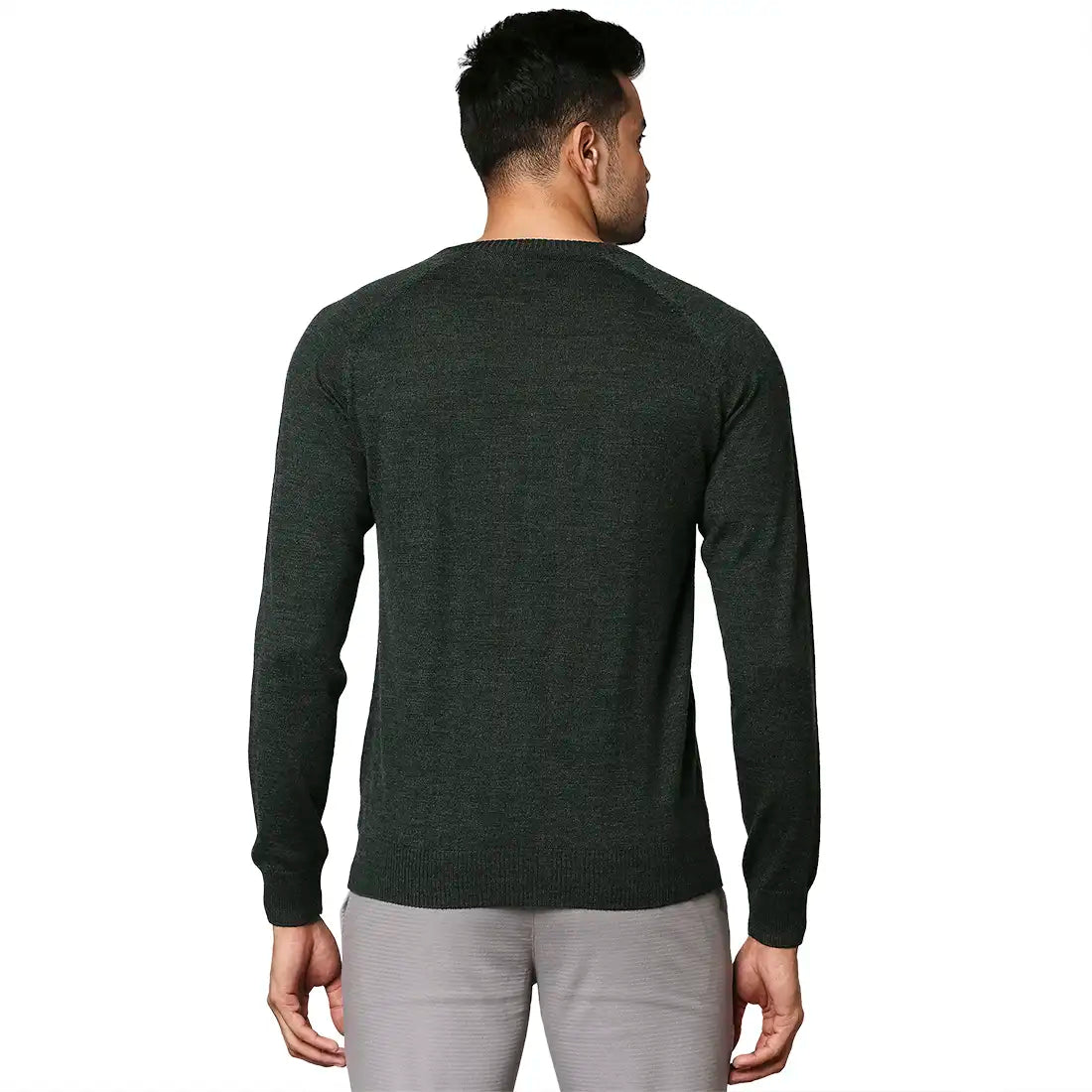 Men Green Structure Cable Wool Blend Round Collar Sweaters