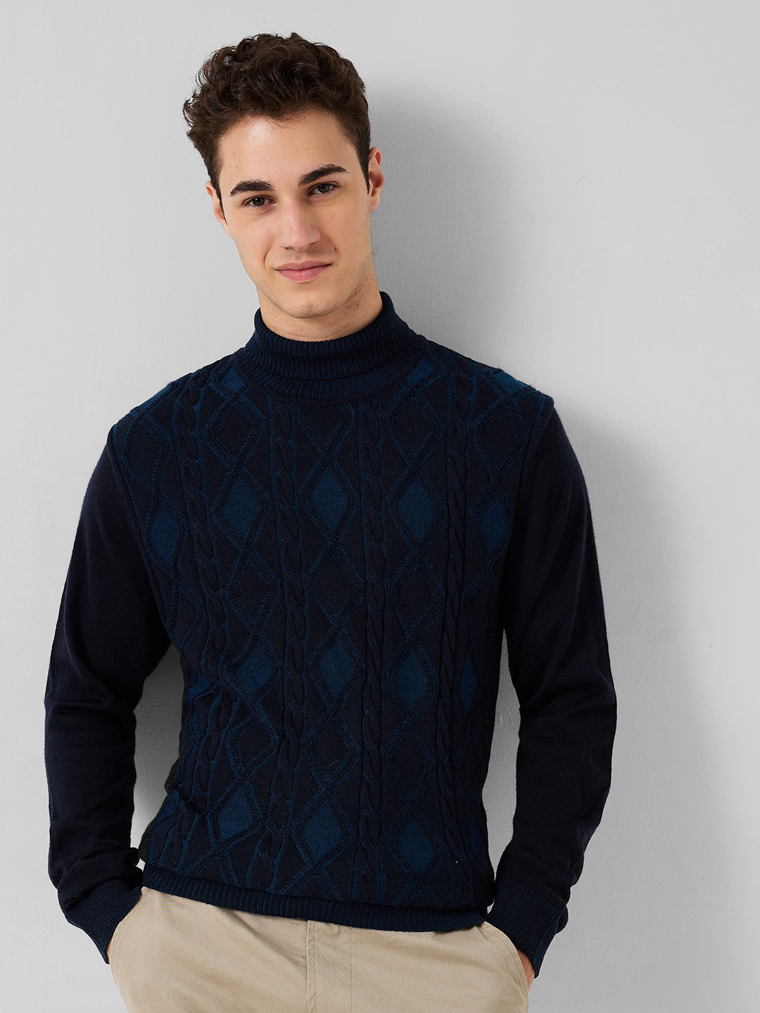 Raymond Men Blue Argyle Contemporary Fit Wool Blend Sweaters