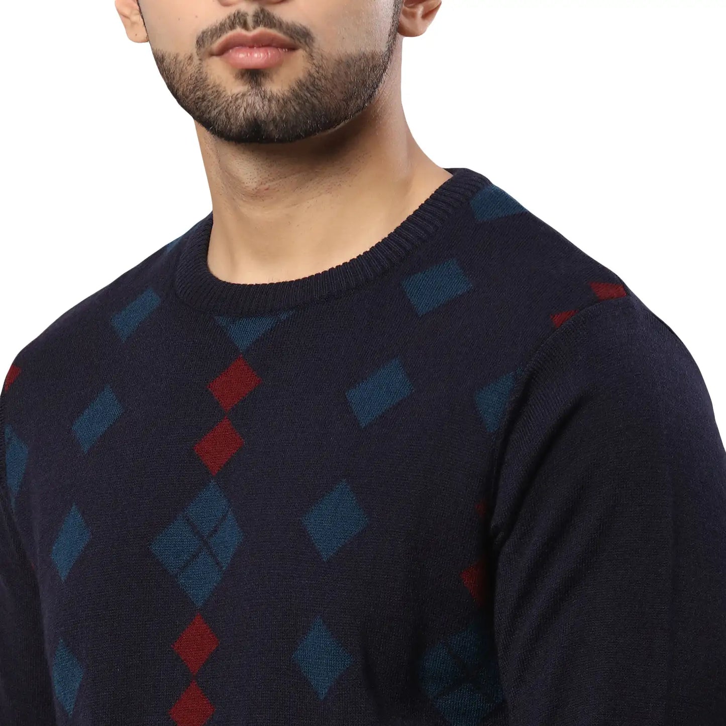 Men Blue Argyle Acrylic Wool Blend Round Collar Sweaters