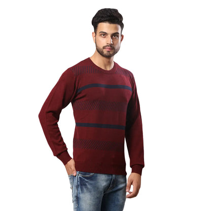 Men Maroon Stripe Acrylic Wool Blend Round Collar Sweaters
