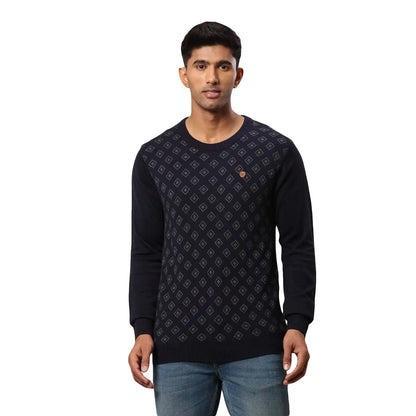 Men Blue Jacquard Acrylic Wool Blend Round Collar Sweaters