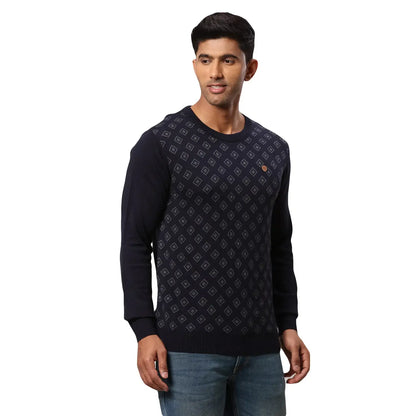 Men Blue Jacquard Acrylic Wool Blend Round Collar Sweaters