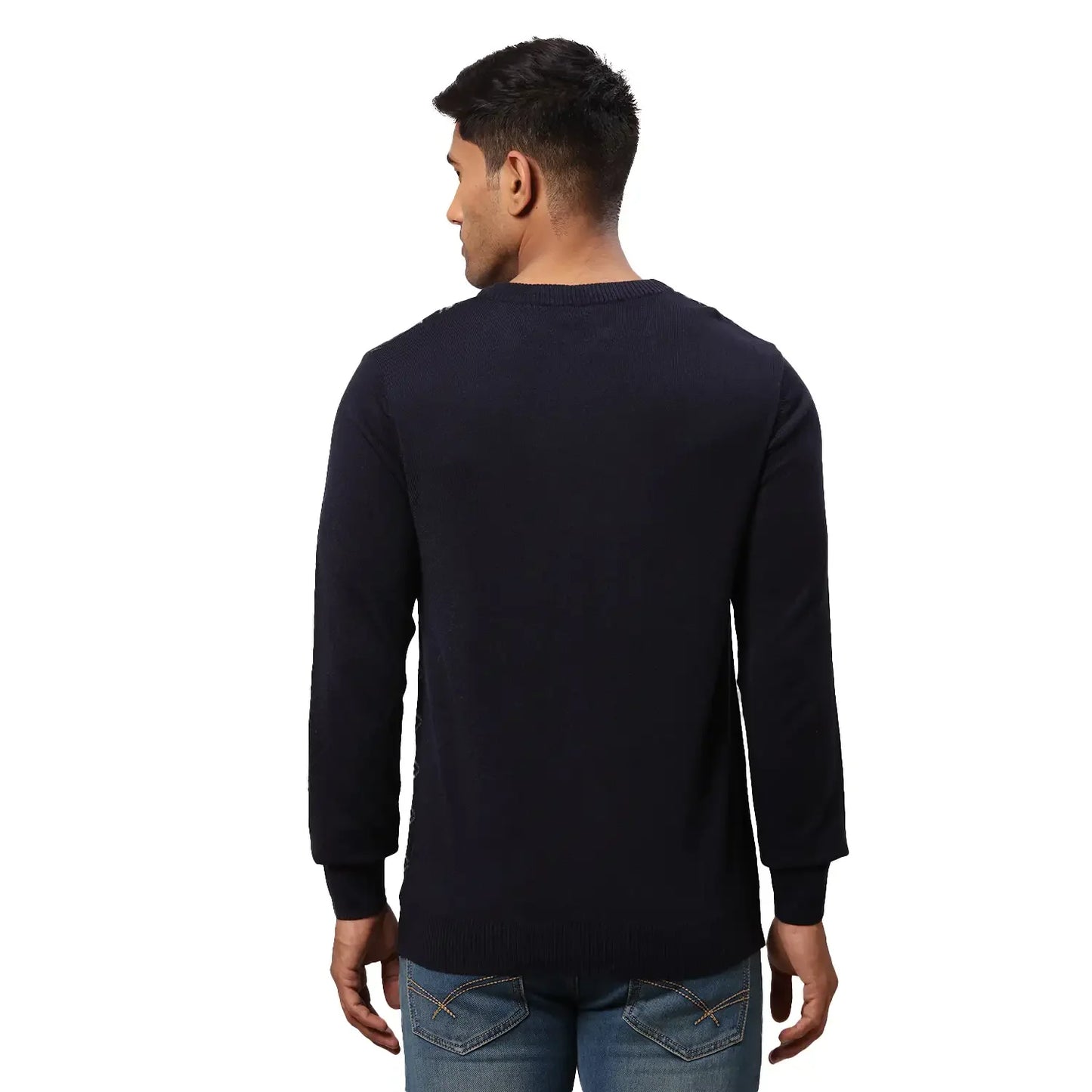Men Blue Jacquard Acrylic Wool Blend Round Collar Sweaters